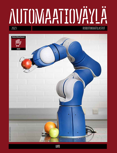 Automaatioväylä robottitilastoliitteen kansikuva jossa siniharmaa robotti nostaa omenan.