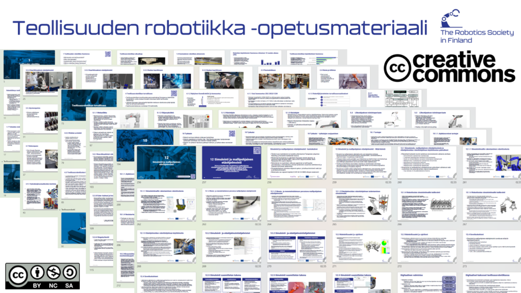 Kollaasi opetuskalvoja Teollisuuden robotiikka -kirjasta.